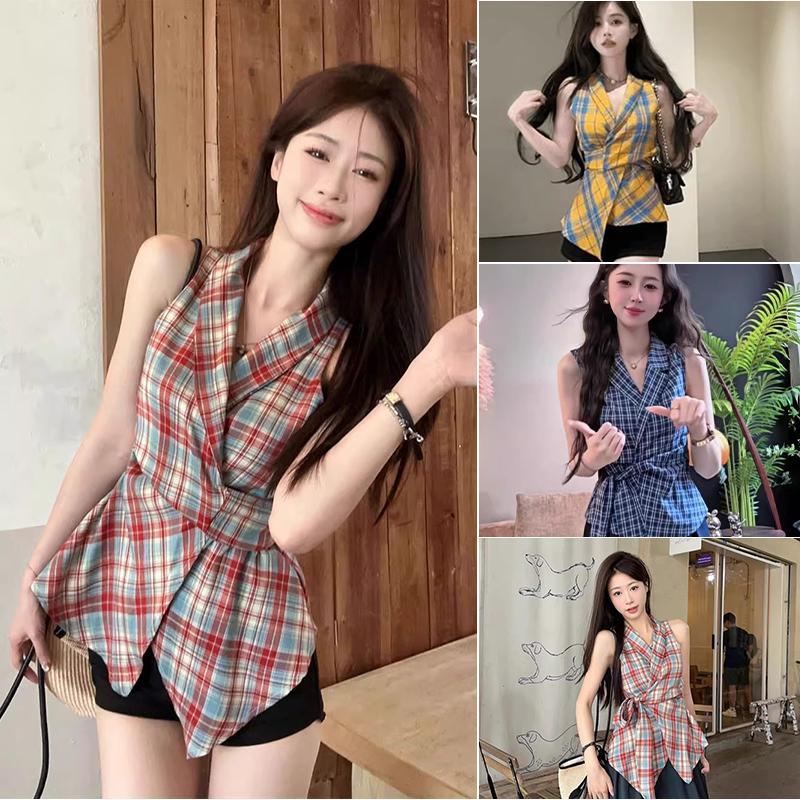 เสื้อกล้ามลายสก็อด คอวีดีไซน์เชือกผูกตรงเอว แฟชั่นซัมเมอร์สำหรับผู้หญิง เท่ๆสไตล์เกาหลี-พร้อมส่งจากไทย-รุ่น99198