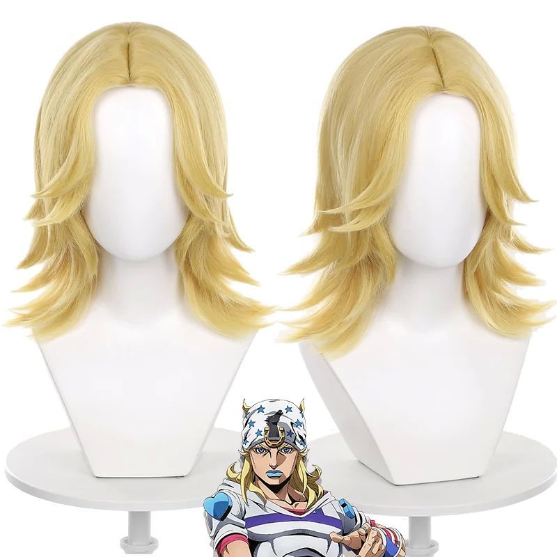 อะนิเมะ JOJO SBR Jonathan Joestar คอสเพลย์วิกผมสีเหลือง Golden ผม Curly วิกผมสั้นขนาดกลางสําหรับผู้ช