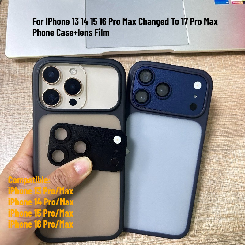 โปร่งแสงMatte Hardเคสโทรศัพท์ + เลนส์ฟิล์มสําหรับiPhone 13 14 15 16 Pro Maxเปลี่ยนถึง 17 Pro Max Appearance