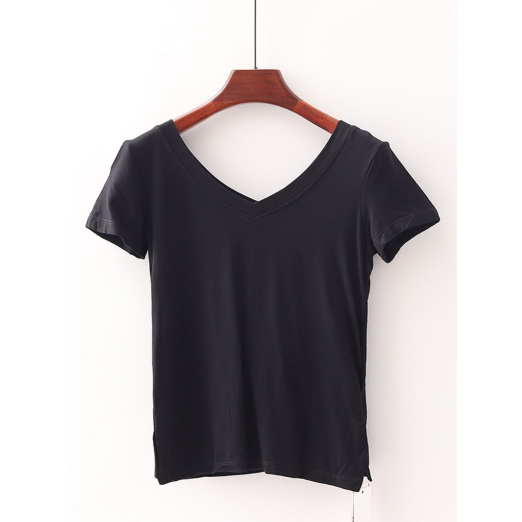 Qiao Shopping Mall ยี่ห้อผู้หญิง V คอยืดหยุ่นเรียงรายหน้าอก Pad โยคะกีฬา T เสื้อ 3S253wzh16202603182