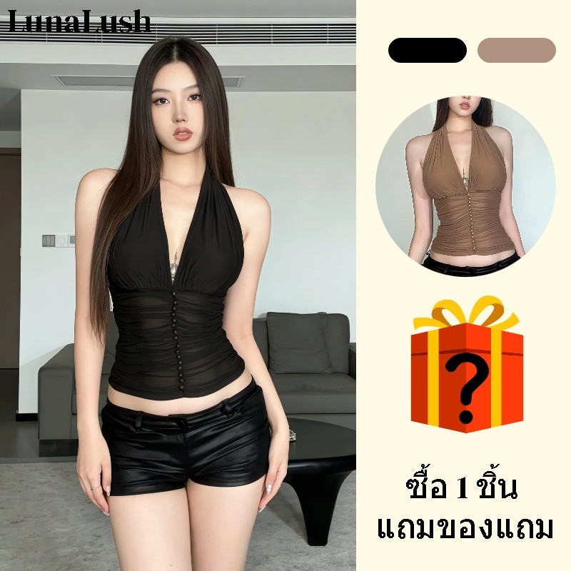 LunaLush✨พร้อมส่ง เสื้อแขนกุด เสื้อสั้นแบบคล้องคอ ไม่มีฟองน้ำ ทรงรัดพอดี สไตล์เกาหลี-FY5099#1