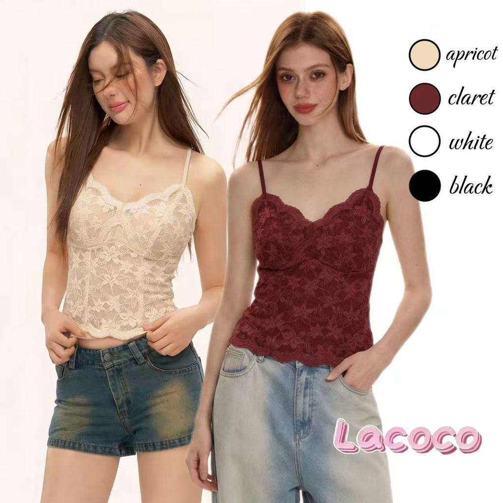 Lacoco คลังสินค้าพร้อม เสื้อสายเดี่ยวลูกไม้เปิดหลังสไตล์ฝรั่งเศสสุดเซ็กซี่และเย้ายวนใจ สำหรับฤดูร้อนปี 2026