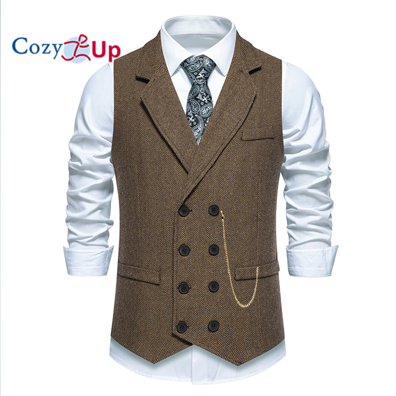 Cozy Up US Size Mens Herringbone Suit Vest & Vest with Chain - Double-Breasted Business Suit Vest, V