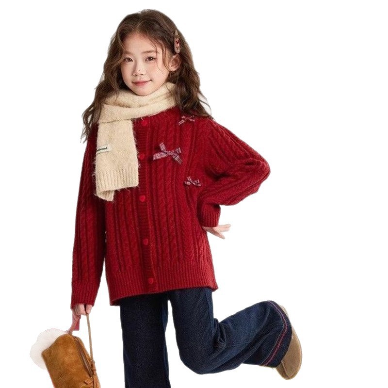 สาวหวานเด็กโบว์สีแดงถักเสื้อขนาดเล็กด้านบนกลางเด็กใหญ่ออกแบบซอกเสื้อยืดยาว ไลเจี๋ย26321 z59ค