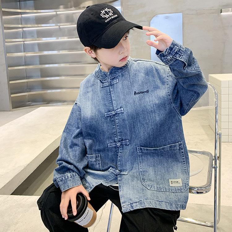 เสื้อแจ็คเก็ตยีนส์สไตล์จีนร่วมสมัย แจ็คเก็ต DENIM เด็กผู้ชาย ดีไซน์กระดุมจีนโบราณ ลุคเท่ห์สำหรับเด็กโต B510