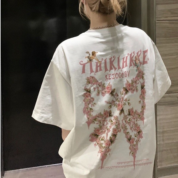 COD2023 Casual เสื้อยืดผู้หญิง Retro Super Fire พิมพ์แขนสั้นเกาหลีรอบคอหญิงเสื้อเสื้อผ้า TopsKorea V