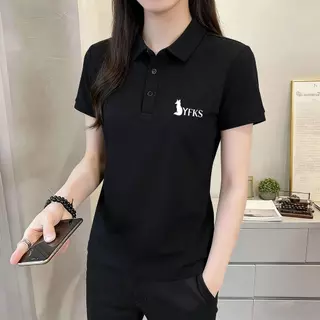 【จัดส่งจากกรุงเทพฯภายใน 24 ชั่วโมง】POLO[ผู้ชายสามารถสวมใส่ผู้หญิงสามารถสวมใส่] เสื้อโปโลสีดำสำหรับสตรี ลายสุนัขจิ้งจอกสี