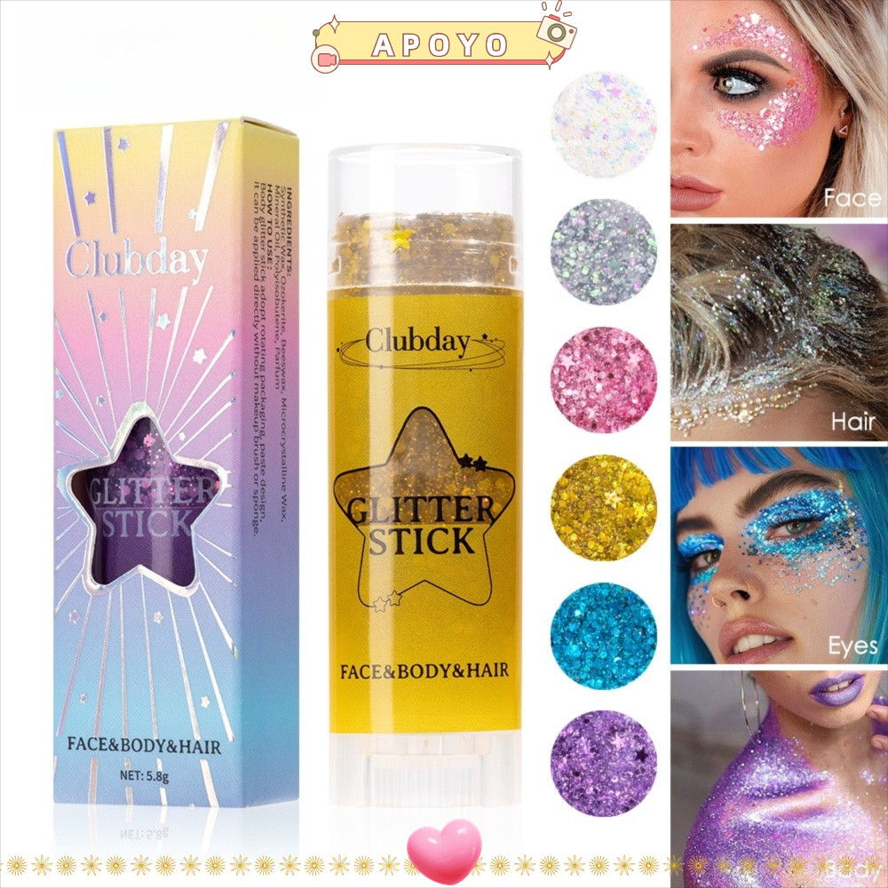 APOYO Glitter Cream, Body Paint Glitter Body Glitter Sticks Sequins Glitter Stick, แบบพกพา 6 สี Chee