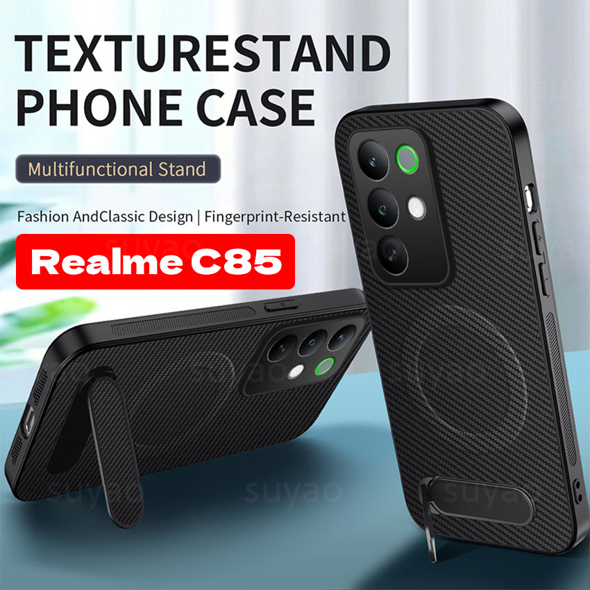 สําหรับRealme C85 2026 เคสโทรศัพท์วงเล็บคาร์บอนไฟเบอร์ขาตั้งผู้ถือปลอกRealmeC85 Pro C75 C75X RealmeC75X C71 แม่เหล็กหนังกันกระแทกป้องกันปกหลัง