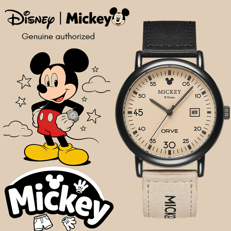Disney Mickey นาฬิกาคู่เครื่องมือ Retro สไตล์สายไนลอน 30 M Life สายกันน้ําปฏิทิน Quartz Movement ของแท้ที่ได้รับอนุญาตกีฬานาฬิกา