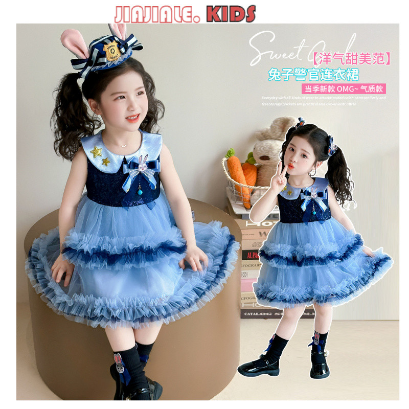1-9yrs Kids Judy Hopps Summer POLO Dress | เสื้อท็อปแขนกุดสไตล์โปโลกับกระโปรง ทูล เลื่อมชุดคอปกระต่า