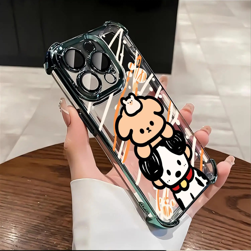 Electroplated สี่มุม Anti-Falling เคสโทรศัพท์สติกเกอร์ลูกสุนัขสําหรับ iPhone 11 12 13 14 15 16 Pro P
