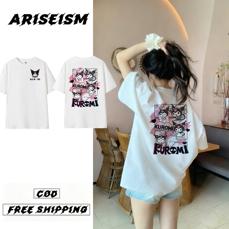 CODSuper ขนาดใหญ่เสื้อยืดผู้หญิงการ์ตูนน่ารัก Kuromi พิมพ์หวานเย็นหลวมรอบคอสีขาวแขนสั้นสไตล์ใหม่เกาห