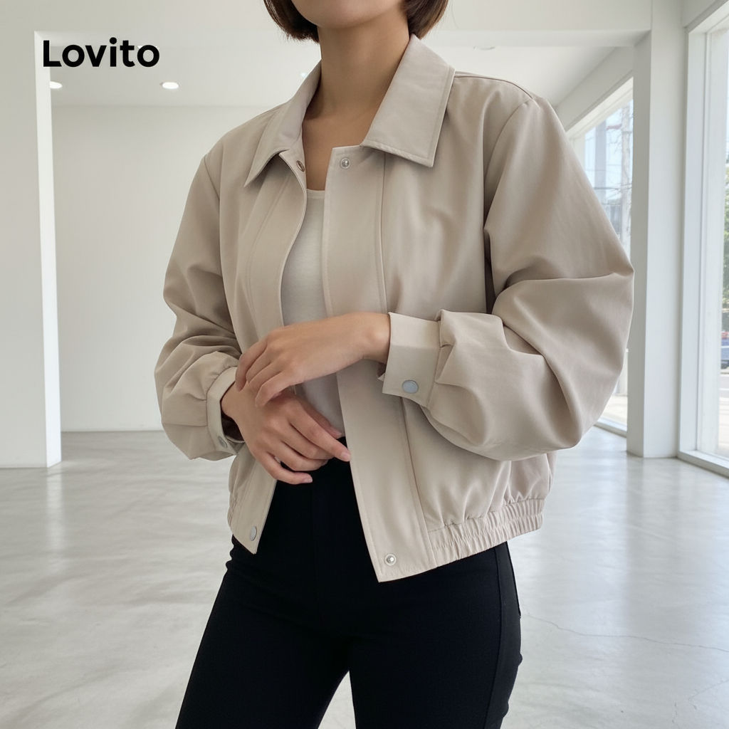 Lovito เสื้อกันลมผู้หญิง เสื้อโค้ทลําลองกันน้ํา กระดุมหน้า สีแอปริคอท LNA34140