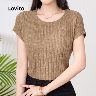 Lovito  เสื้อยืดสีน้ําตาลผ้าเท็กซ์เจอร์ลําลองสําหรับฤดูใบไม้…