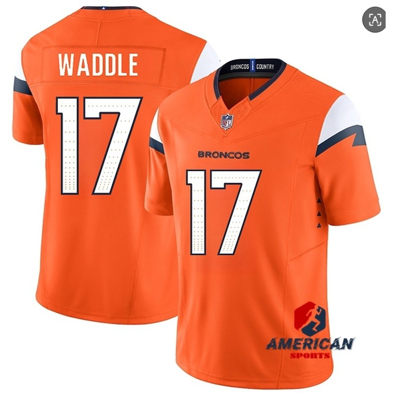 เสื้อฟุตบอลอเมริกัน Denver Broncos ลายพิมพ์ Jaylen Waddle สีส้ม จำนวนจำกัด