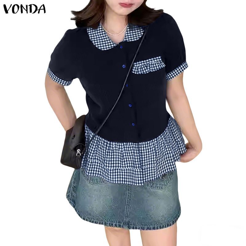 VONDA ผู้หญิงเกาหลีสบายๆสีบล็อก Patchwork ลายสก๊อต Patchwork เด็ก Ruffled ติดตั้ง H ประเภทแขนสั้นเสื้อ