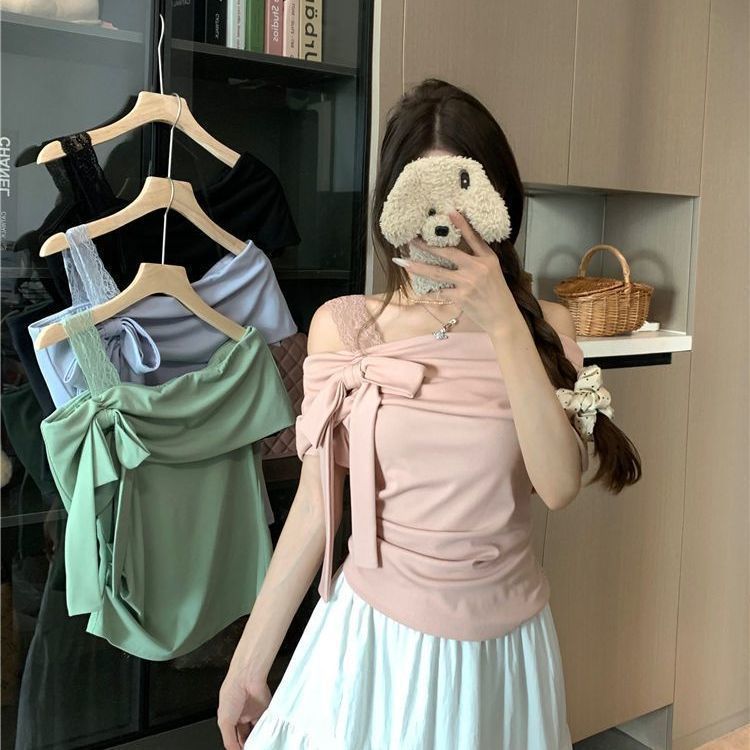 เสื้อยืดแขนสั้นเปิดไหล่ขนาดบวกสำหรับผู้หญิง ฤดูร้อนใหม่ ทรงหลวมคลุมไหล่ สไตล์แต่งตัวสบายๆ ราคา ถูกที่สุด ดีลบีเคเค แกลเลอรีภาพที่ 5