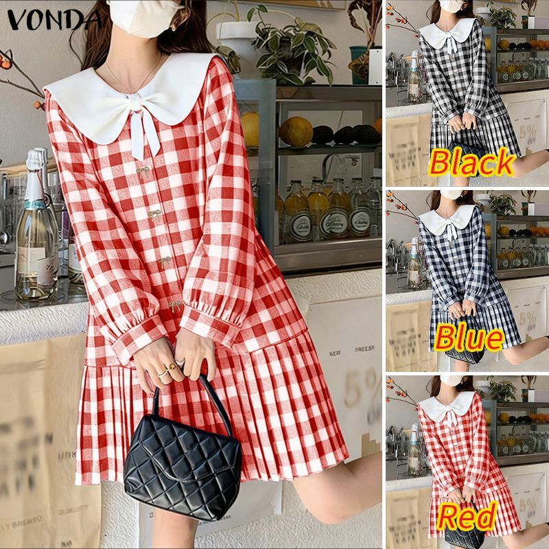 VONDA تنورة كورية بياقة دمية وفيونكة وكسرات كاروهات — صورة 3