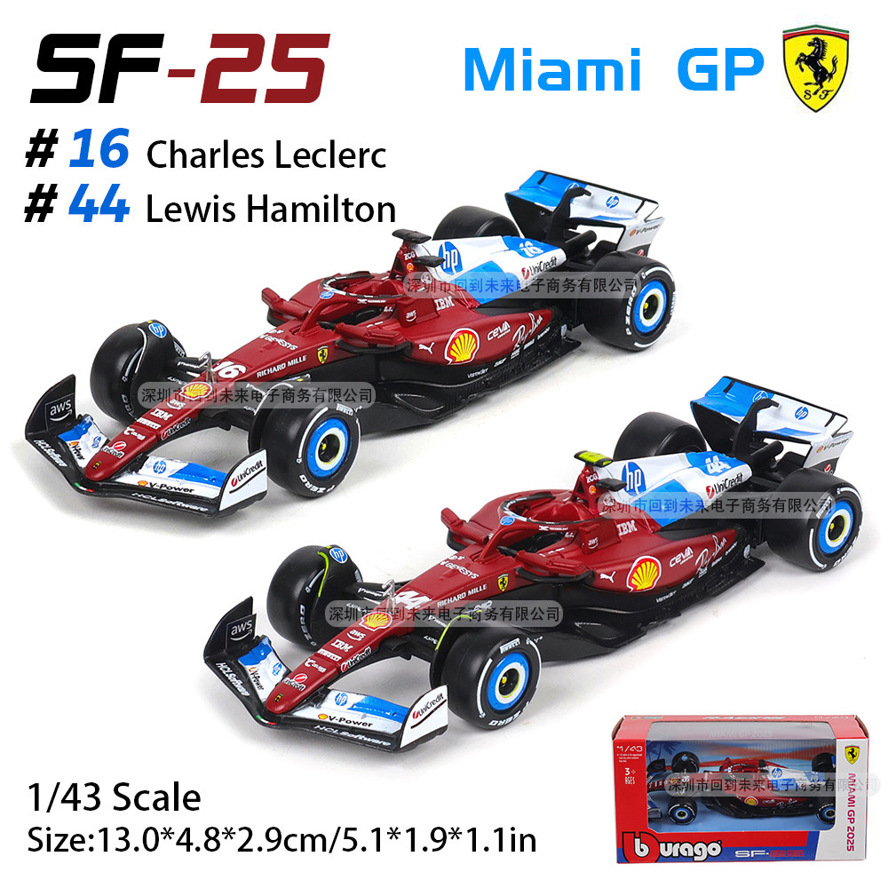 Bburago 1:43 ใหม่ F1 Ferrari SF25 Miami Grand Prix #16 ชาร์ลส์ เลเกอร์ส #44 Lewis Hamilton Alloy Die-Cast Racing Car Model Collectible