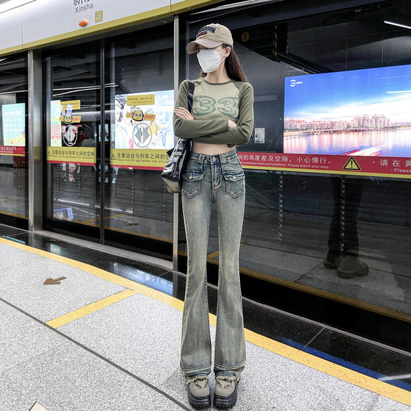 baggy jeans หญิง กางเกงวอร์ม กางเกงสแล็ค กางเกงขาม้า 2183#秋季新款时尚牛仔裤女韩版实拍喇叭裤高腰显瘦复古设计感