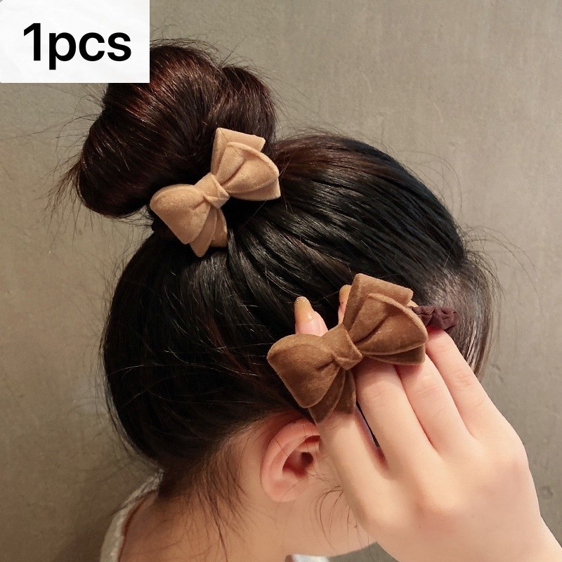 Bow Hair Tie Plush สำหรับฤดูหนาว สไตล์เกาหลี กันลม อ่อนโยนด้วยยางพิมพ์ซอฟท์