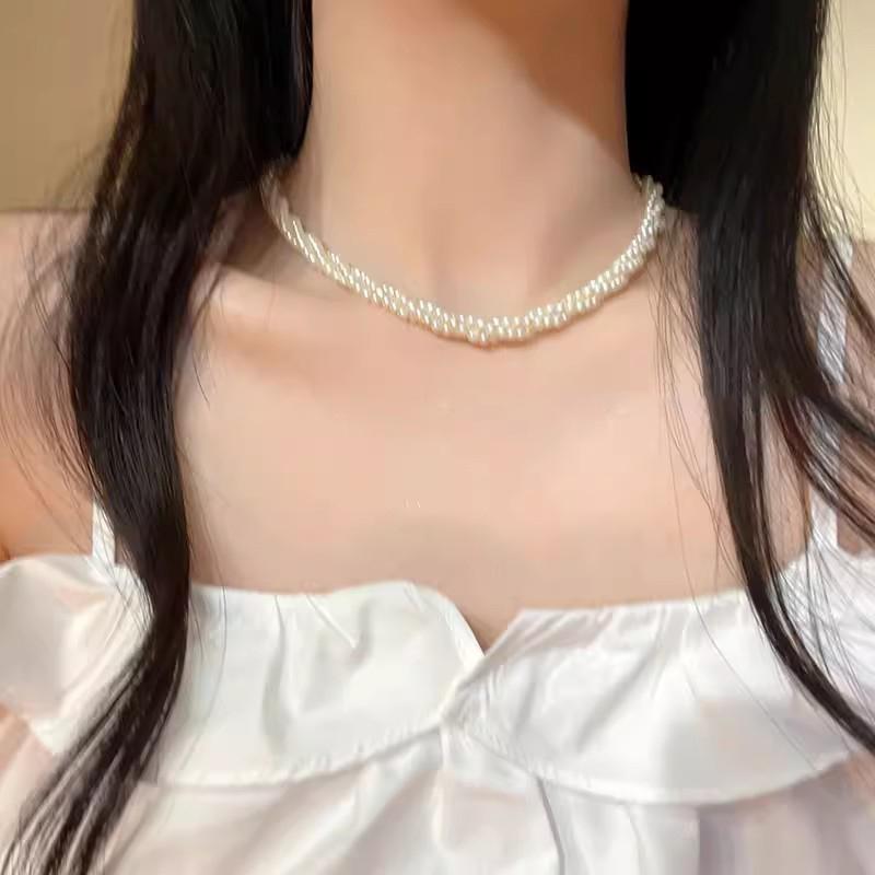Newsmallbrains Multi-Layer Twining Pearl Choker สร้อยคอผู้หญิงสาว Vintage Elegant เรขาคณิตลูกปัดสร้อ