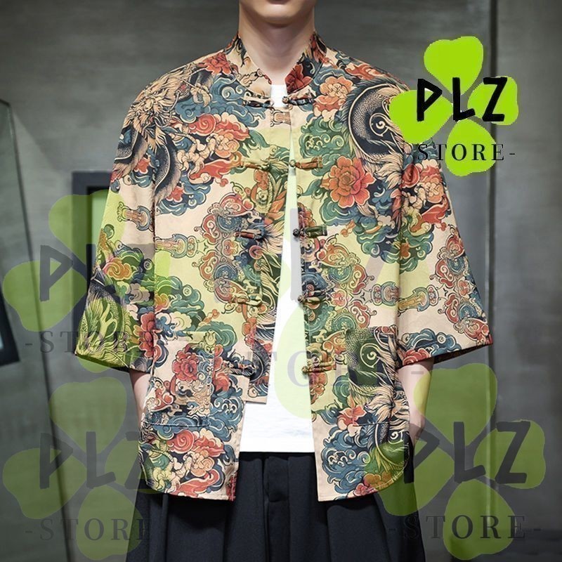 T Tang Suit พิมพ์เสื้อ Cropped Ice Silk Short Sleeve Mens T-Shirt Buttons Style Muqiang เสื้อเชิ้ตผู