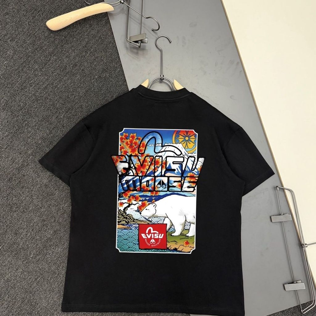 EVC สไตล์ใหม่ Street Wear ผู้ชายหมีขั้วโลกลายการ์ตูนพิมพ์สบายๆหลวมรอบคอแขนสั้นเสื้อยืดด้านบน