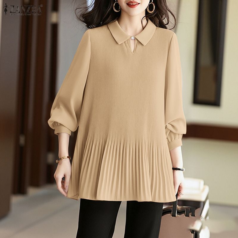 ZANZEA ผู้หญิงเกาหลี Elegant Officewear ปก 3/4 แขนโคมไฟ Pleats Hem Midi A-Line เสื้อเบลาส์ — صورة 5