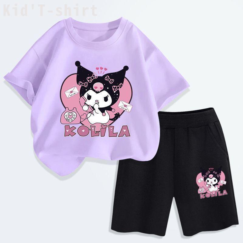 [COD]（ชุดเสื้อยืดและกางเกงสั้นเด็ก）เสื้อยืดคอกลมลายการ์ตูน Kuromi ใหม่ สไตล์ฤดูร้อน เสื้อยืดแขนสั้น ชุดเด็กผู้หญิง ทรงหล