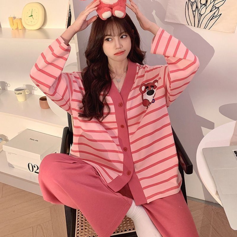 ฤดูใบไม้ผลิและฤดูใบไม้ร่วงใหม่ชุดนอนสตรีผ้าฝ้าย V คอเสื้อสเวตเตอร์ถักแขนยาวกางเกงหวานการ์ตูนน่ารักสา