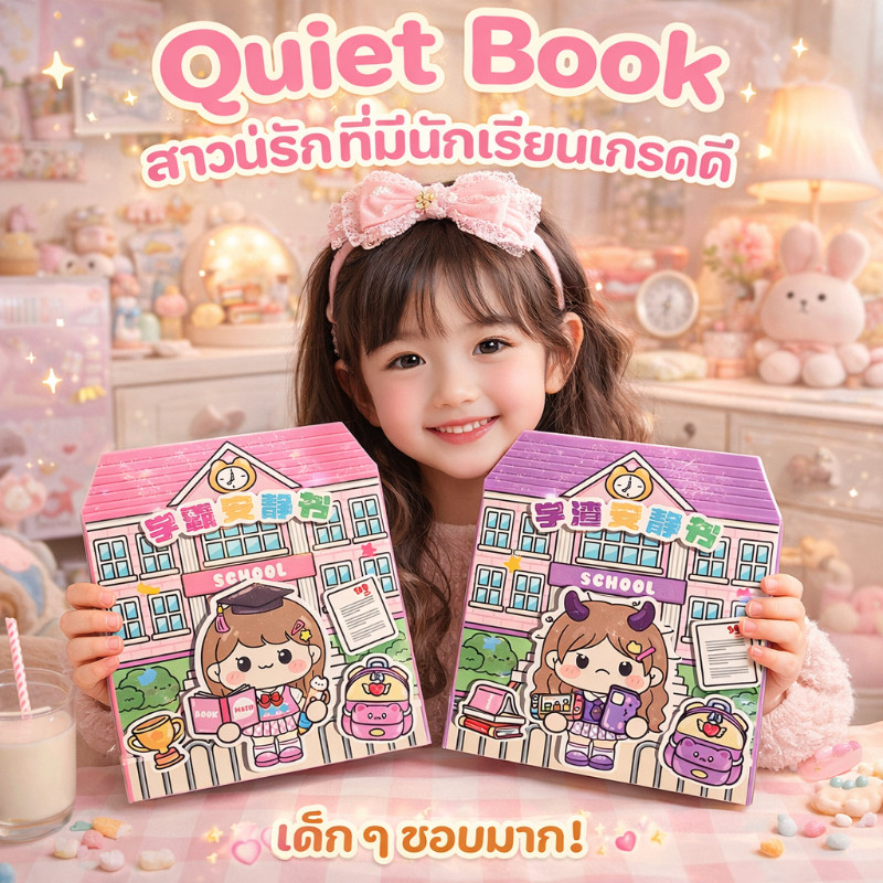 COD หนังสือแฮนด์เมด DIY สาวน่ารักที่มีนักเรียนเกรดดี Quiet Book Campus 3D สติกเกอร์ Busy Book Girl หนังสือของเล่น