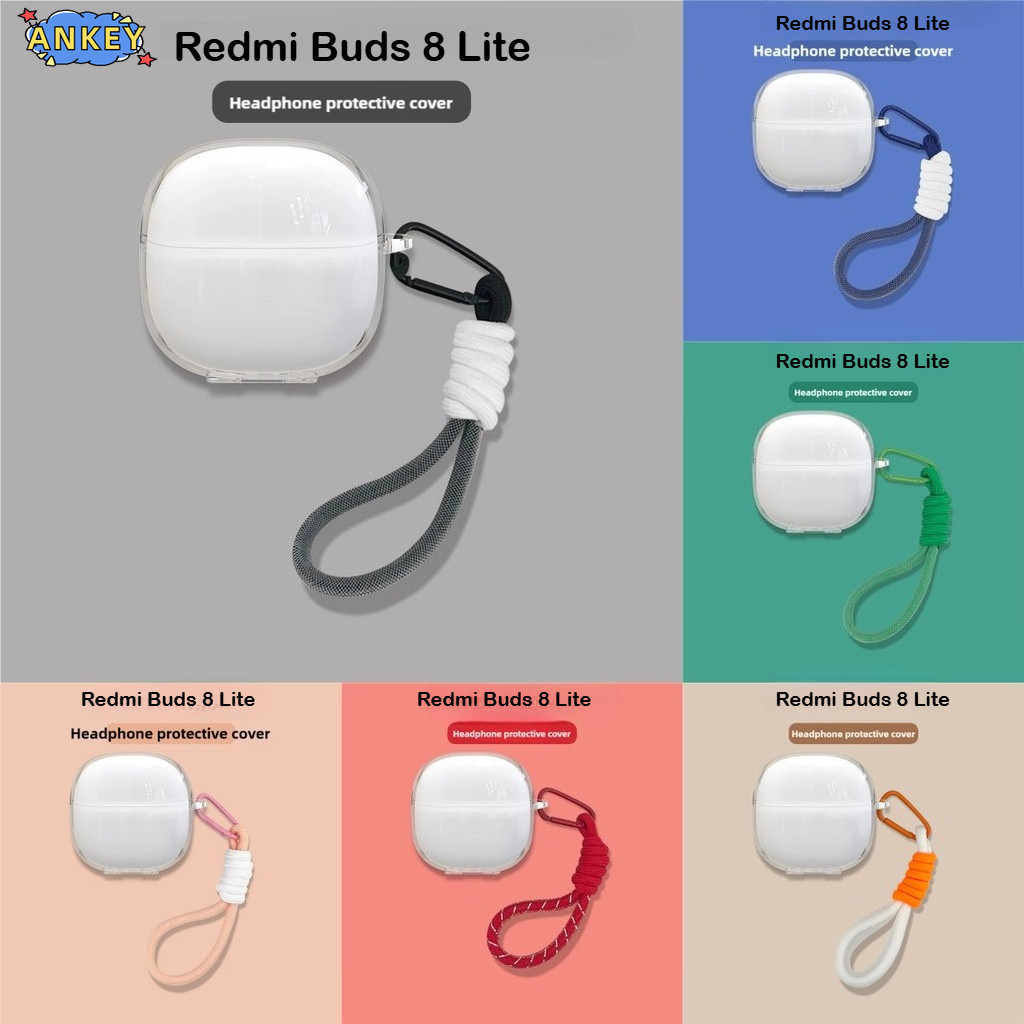 for Redmi Buds 8 Active Case Protective Transparent Clear TPU Covers Bluetooth Earphone Shell Headphone Portable with Mesh short rope – โปรปัง