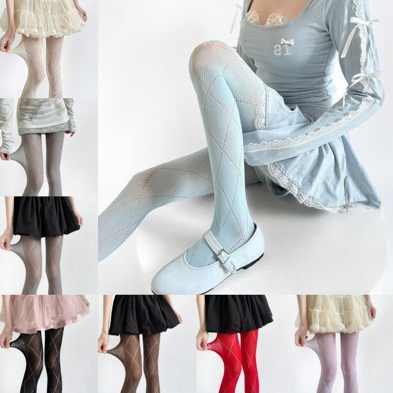 ผู้หญิง Retro ลายสก๊อต Hollow Out ตาข่าย Fishnet ถุงน่องกระชับสัดส่วนกางเกงขายาวฤดูใบไม้ร่วงฤดูหนาวสาว JK Tights