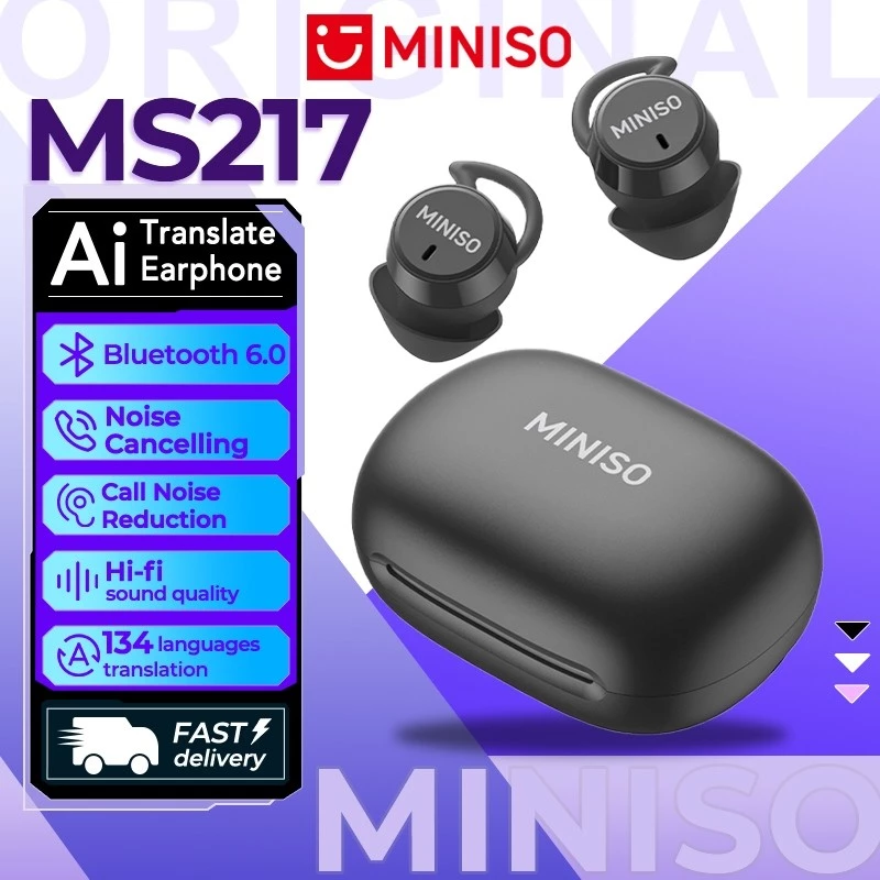 MINISO MS217 หูฟังแปลภาษาด้วย AI หูฟังบลูทูธ 6.0 แปลภาษาได้สองทาง 134 ภาษา หูฟังไร้สาย ระบบตัดเสียงรบกวน ENC คุณภาพเสียง HiFi กันน้ำ น้ำหนักเบา