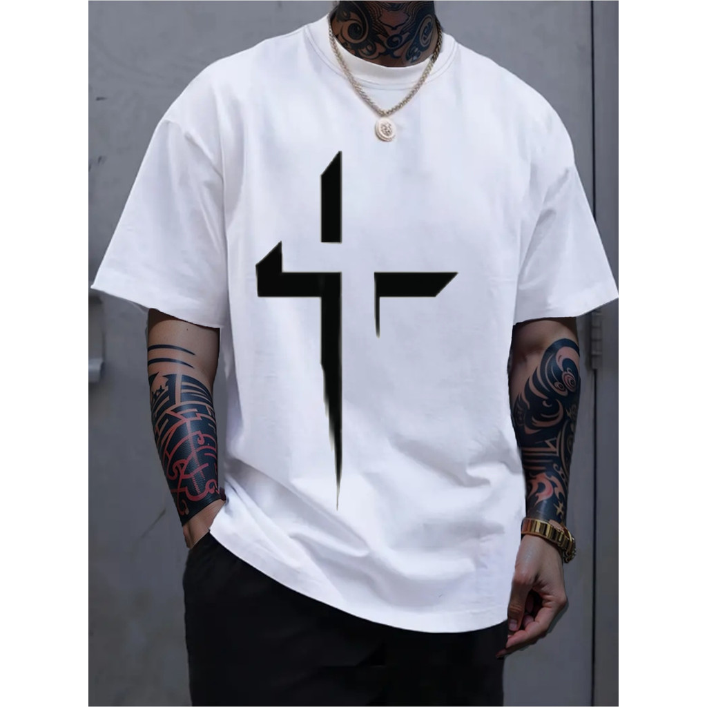 ผู้ชาย เสื้อยืดคอวีผ้าฝ้ายทุกฤดู พร้อมลายกราฟิกข้าม - สไตล์สบายๆ แขนสั้น คอวีปกติ ระบายอากาศได้ดี