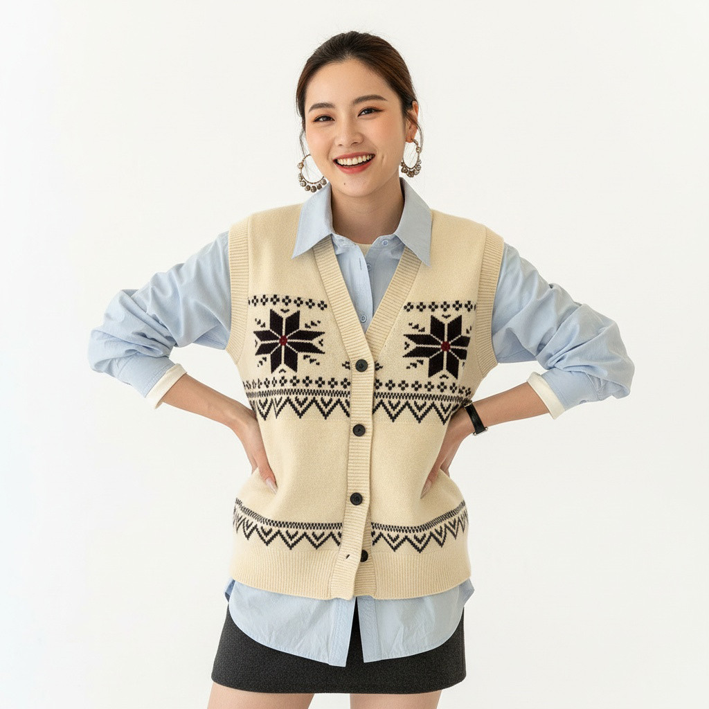 Beverlay Off Days Early Spring สไตล์ใหม่ Phil Island บรรยากาศ Contrast Color Jacquard ถักเสื้อกั๊ก