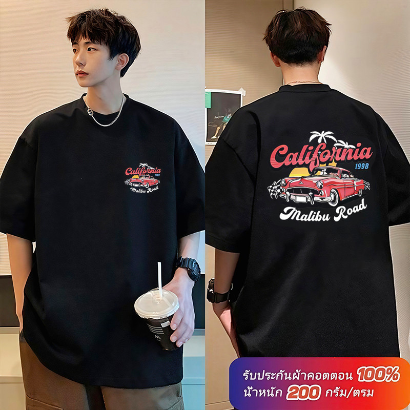 (ผ้าฝ้าย100%) Luvoro 2026 Cotton ย้อนยุค oversize T-shirt เนื้อผ้านุ่มระบายอากาศดี สีดำและสีขาว เสื้อยืดแขนสั้น C1785