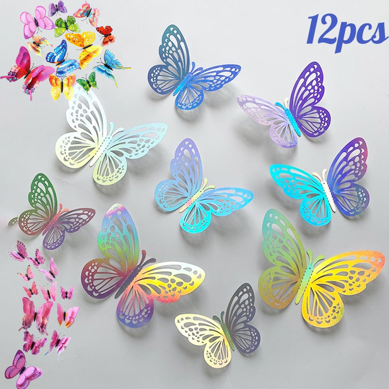 พร้อมส่ง🦋 สติกเกอร์ผีเสื้อ 3D สติ๊กเกอร์ติดผนังผีเสื้อ สําหรับติดตกแต่งผนัง ตกแต่งเค้ก  12 ชิ้น