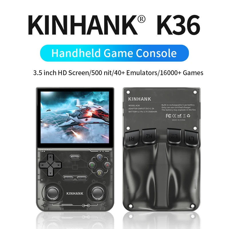 KINNANK เปิดแหล่ง K36 เกมคอนโซลมือถือ 16000 เกม Emulator สําหรับ PS1/PSP/DC/N64/SS 500nit 3.5 นิ้วหน