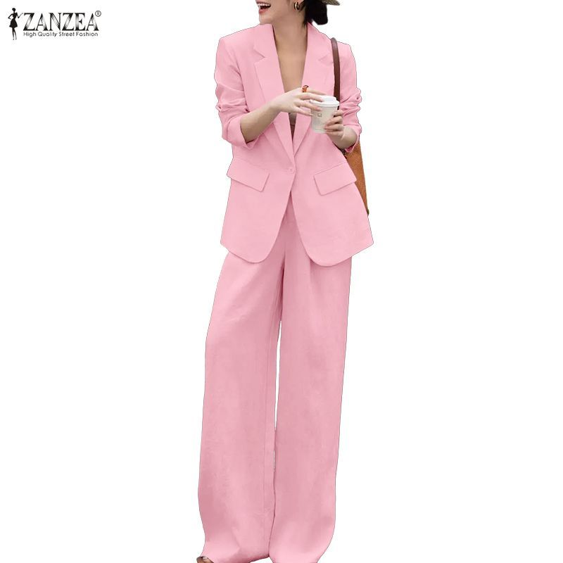 ZANZEA ผู้หญิงเกาหลีอารมณ์ Office Lady Notch ปกแขนยาว Single-Button ขากว้าง Blazer & กางเกง