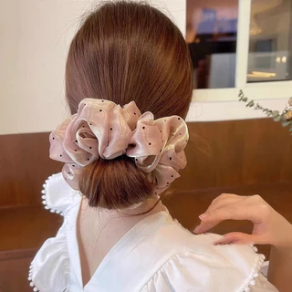 Sanli ยางรัดผมลายจุดสไตล์ฝรั่งเศส ยางรัดผมทรงมวยไล่เฉดสีมุก ยางรัดผมทรงหางม้า