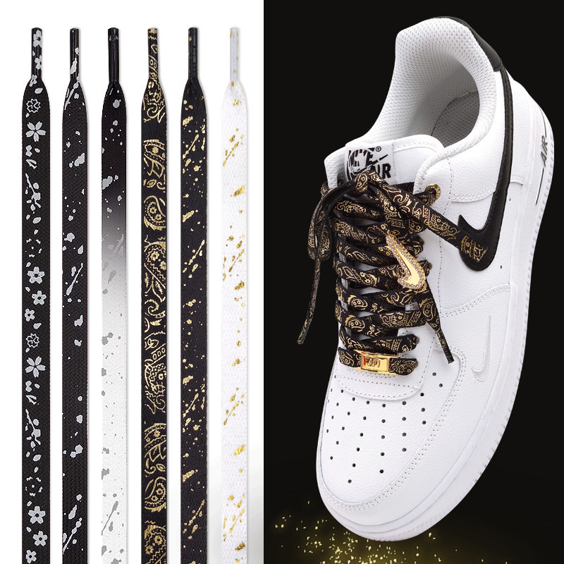 เชือกรองเท้ากลม สายเชือกรองเท้า รองเท้า AF1 สีดำและสีขาวลายหมึกเม็ดมะม่วงหิมพานต์และดอกไม้