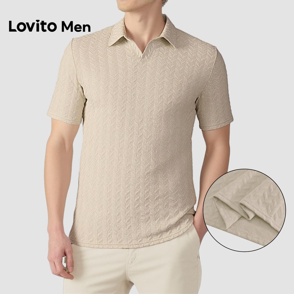 (NEW) Lovito Men เสื้อโปโลลําลองสําหรับผู้ชาย ลายแจ็คการ์ด สําหรับฤดูใบไม้ผลิ/ฤดูร้อน สีคากิ LNE138164