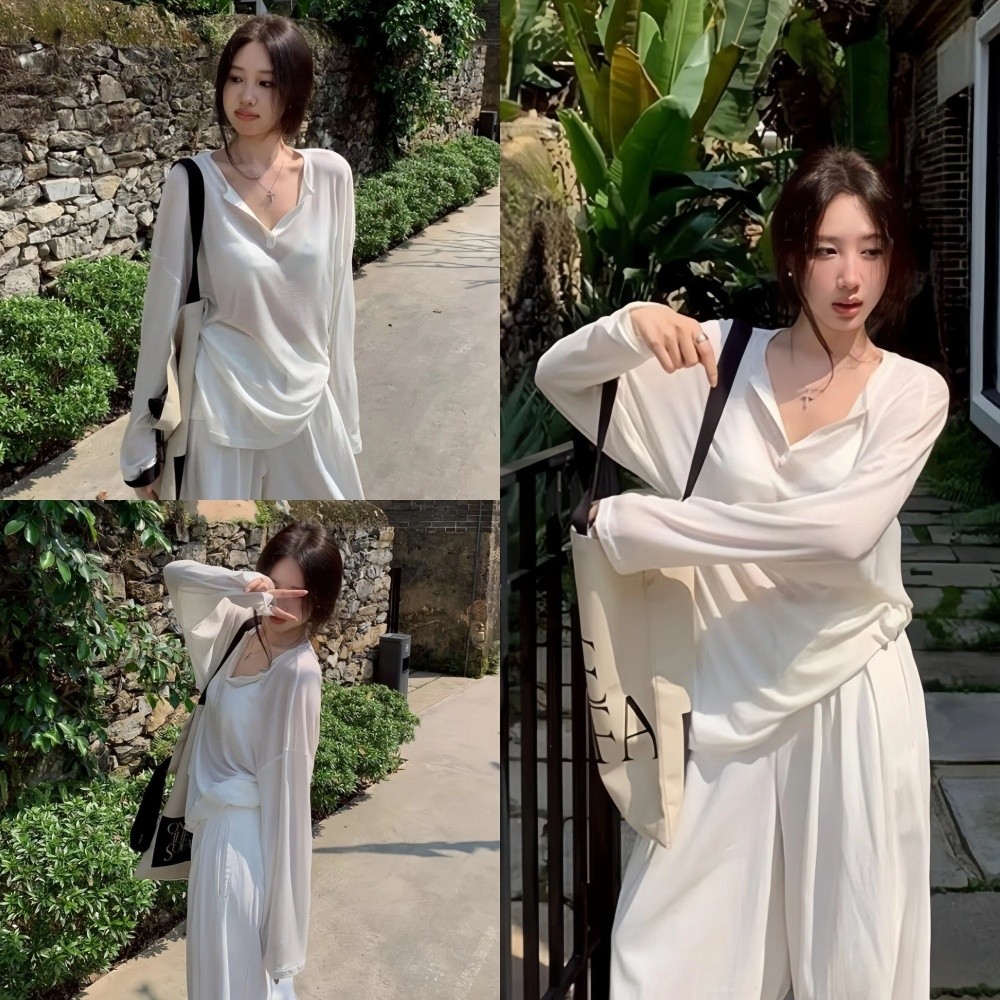 🍓Evelyn🍓เสื้อกันแดด คอวี ทรงหลวม บางเบา แขนยาว ดีเทลซีทรู ทรงหลวม เสื้อยืด สไตล์ลำลอง แฟชั่น ผู้หญิง