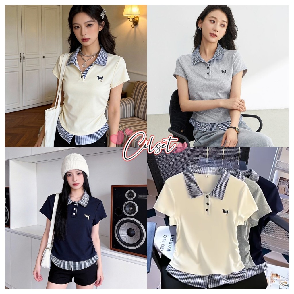 Cilset🎀พร้อมส่ง🎀 เสื้อยืดคอปกแขนสั้น ลายสก็อต ปักน้องหมา ใส่สบาย FY1772