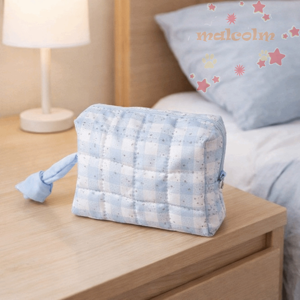 MALCOLM กระเป๋าเครื่องสําอางลายตารางหมากรุกความจุขนาดใหญ่กระเป๋าแต่งหน้าแบบพกพาสไตล์เกาหลี High Beau