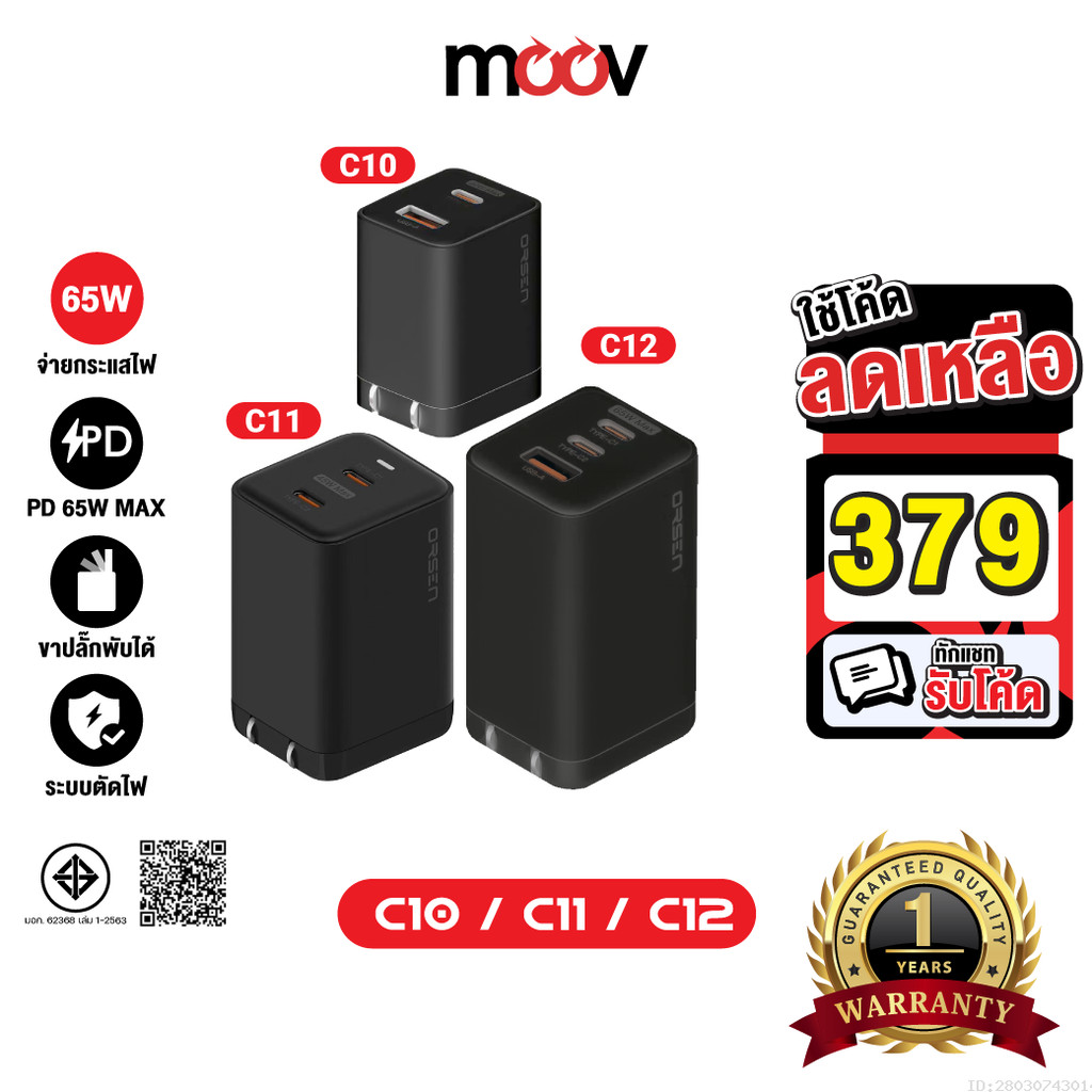 [379บ.โค้ดคุ้ม] Eloop C10 / C11 / C12 GaN รวม หัวชาร์จเร็ว PD สูงสุด 65W | Orsen Apapter หัวชาร์จ US