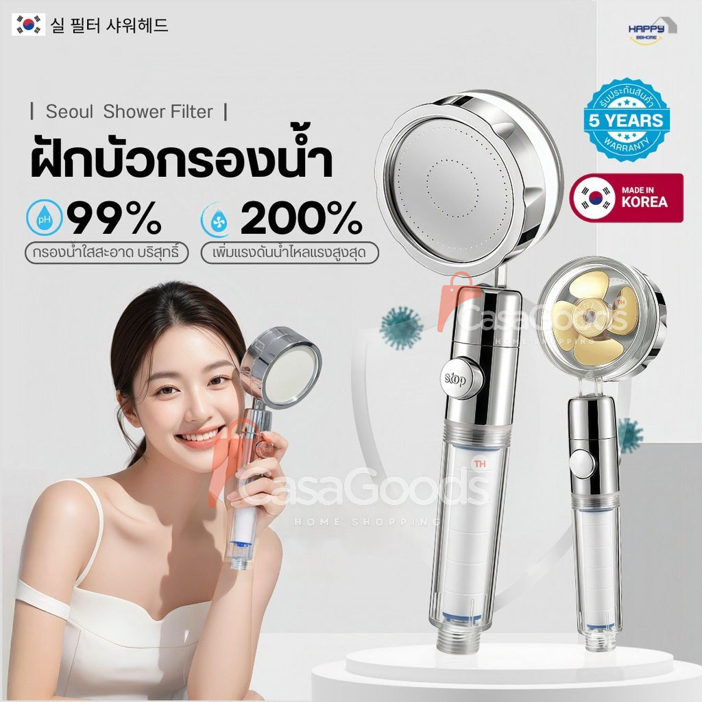 (ใหม่)ฝักบัวกรองน้ำเกาหลี มีใบพัดแรงดันสูง หมุนได้ 360° แถมฟรีไส้กรองฝักบัว ฝักบัวขนาดใหญ่ สปาผิว Seoul Stone Pure Rain